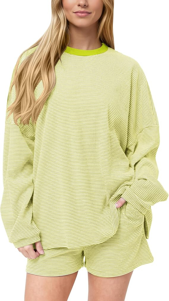 MISSACTIVER Women's Striped Lounge Set Long Sleeve Tee Shirts Drawstring Wide Leg Shorts Matching... | Amazon (US)