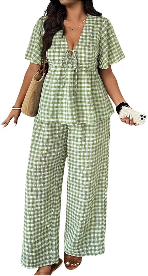SOLY HUX Women's Plus Size 2 Piece Outfit Plaid V Neck Shirt and Wide Leg Pants Vacation Set | Amazon (US)