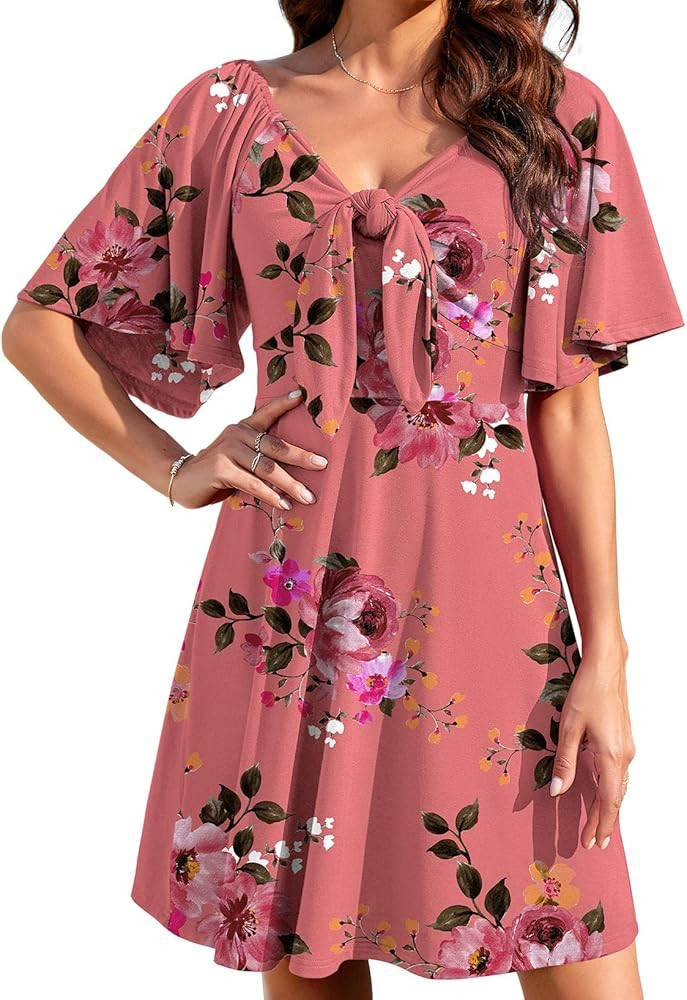 Women's Summer Dresses Deep V-Neck Elegant Bow tie Neck Short Ruffle Sleeve Mini Swing A-line Dre... | Amazon (US)