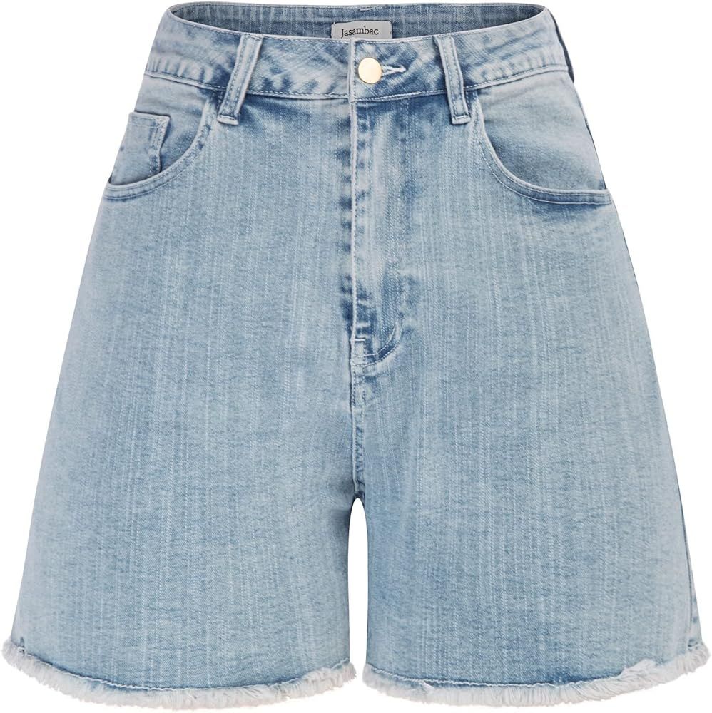 JASAMBAC Women's High Waisted Denim Shorts Rolled Hem Wide Leg Casual Jean Shorts with Pockets | Amazon (US)