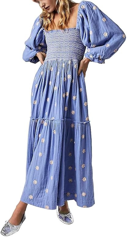 Women's Maxi Dress Flower Embroidered Lantern Sleeve Square Neck Smocked Tiered Flowy Spring Fall... | Amazon (US)
