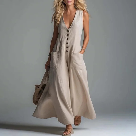 Qzwdhjm Linen Dress Women Button Up V Neck Maxi Dresses Sleeveless Solid Swing A Line Sundress Su... | Walmart (US)