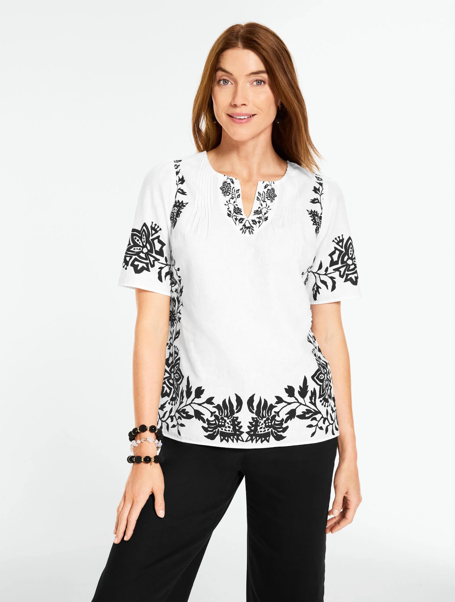 Linen Pintuck Top - Jacobean Vines | Talbots
