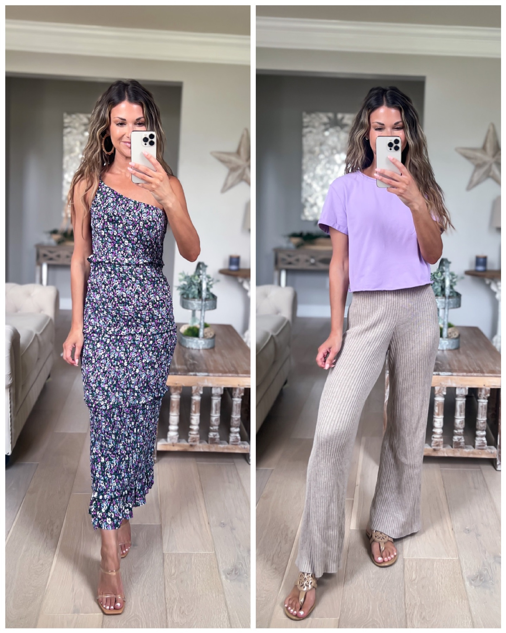 One shoulder smocked dress//wearing a size up (small) due to selection but is true to size//5’1//tee//sized up to small for a looser fit//sweater pants//full length in shorty me//sized down to xxs  to be very fitted//heels//tts//sandals//sized up 1/2//

#LTKsalealert #LTKunder50 #LTKFind