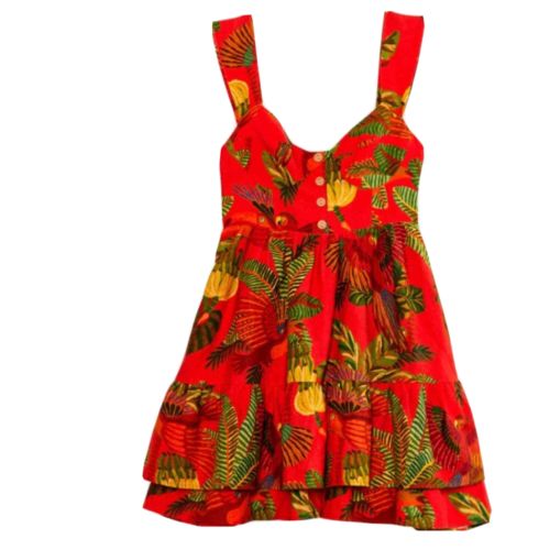 Farm Rio Women Mini Dress Forest Birds Banana Size Medium Red Linen Pockets | eBay US