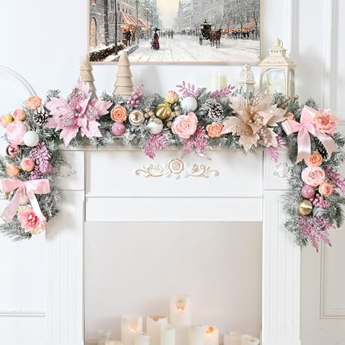 Waipfaru 2PCS 6FT Christmas Garland with Lights, Pink Christmas Decor, Rose Gold Lighted Flocked Garland with Flower, Berries, Balls, Pinecone, Pink Garlands for Mantle Table Stairs Indoor Decor | Amazon (US)