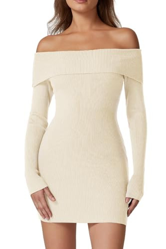 QINSEN Bodycon Knit Sweater Dress for Women Off The Shoulder Long Sleeve Mini Dress Beige S | Amazon (US)