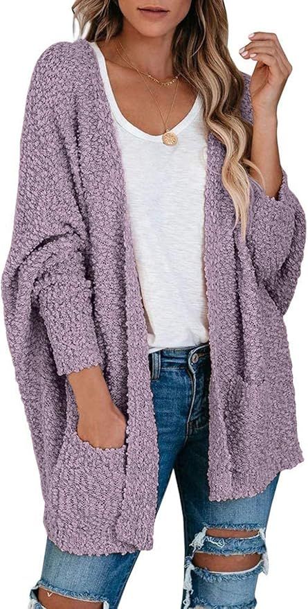 TECREW Women's Fuzzy Popcorn Cardigan Batwing Sleeve Open Front Chunky Sweater Outwear | Amazon (US)
