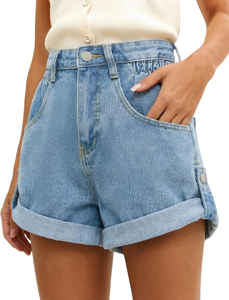 BISUAL Womens Jean Shorts High Waisted Denim Shorts Stretchy Rolled Folded Hem Summer Casual Jort... | Amazon (US)