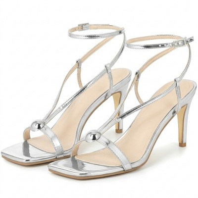 BLISSFUL STEP Square Toe Stiletto Heel Buckle Ankle Strap Sandals for Women 9 Silver | Target