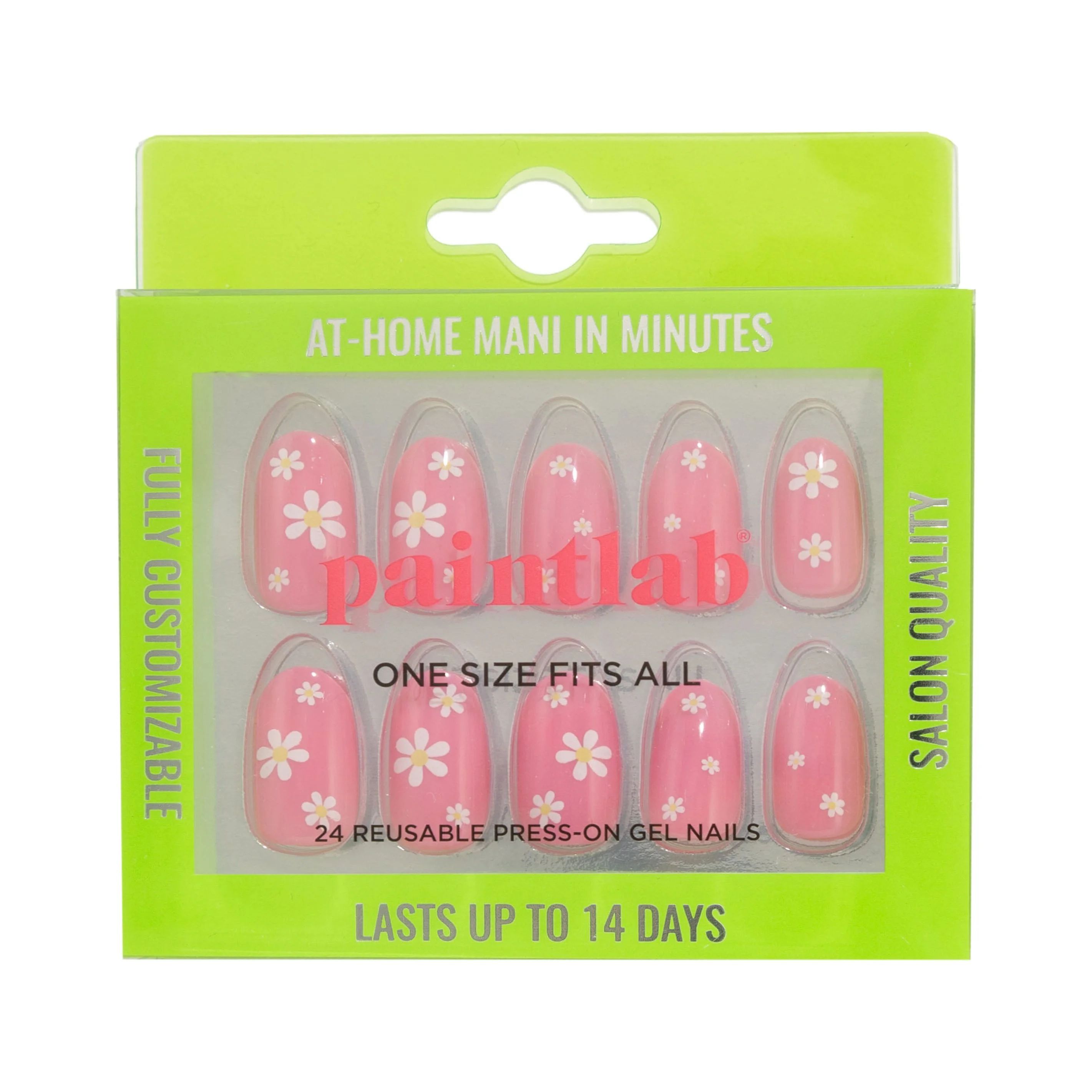 PaintLab Reusable Press-on Gel Nails Kit, Almond Shape, Pink Daisy, 30 Count | Walmart (US)