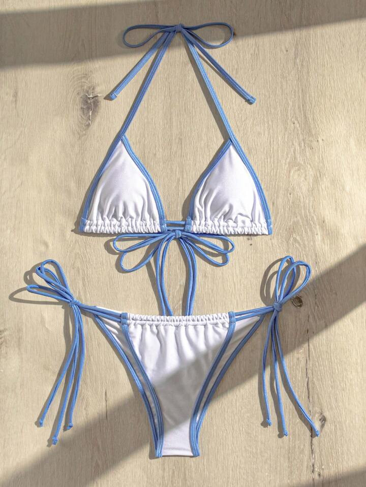 SHEIN Contrast Binding Halter Triangle Bikini Swimsuit | SHEIN
