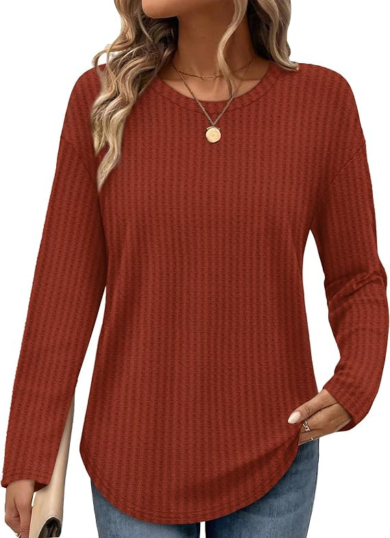 OFEEFAN Fall Tops for Women Trendy Long Sleeve Shirts Waffle Knit Crew Neck Tops Curved Hem Fashi... | Amazon (US)