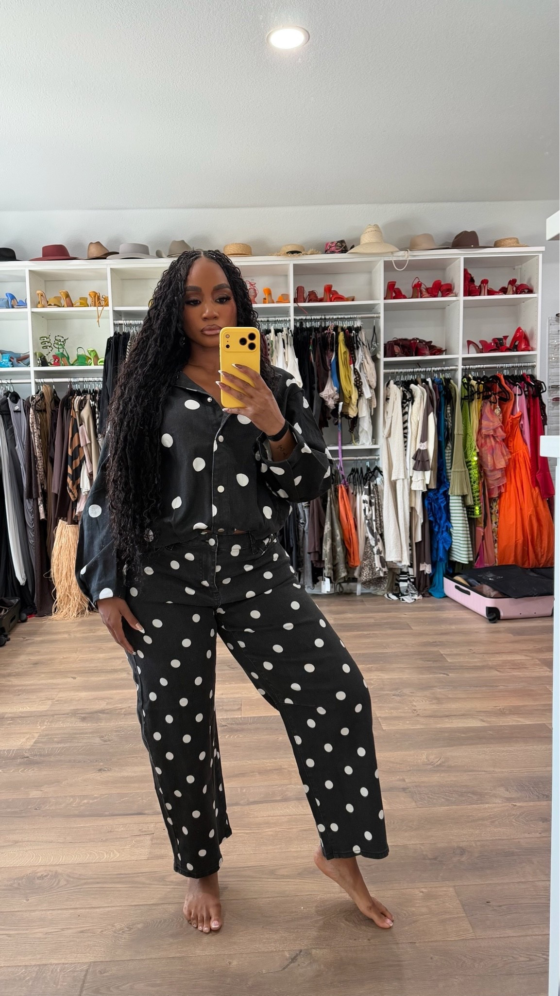 Matching denim polka fit jacket and jeans are a relaxed and fun look suitable to wear together or as separates!