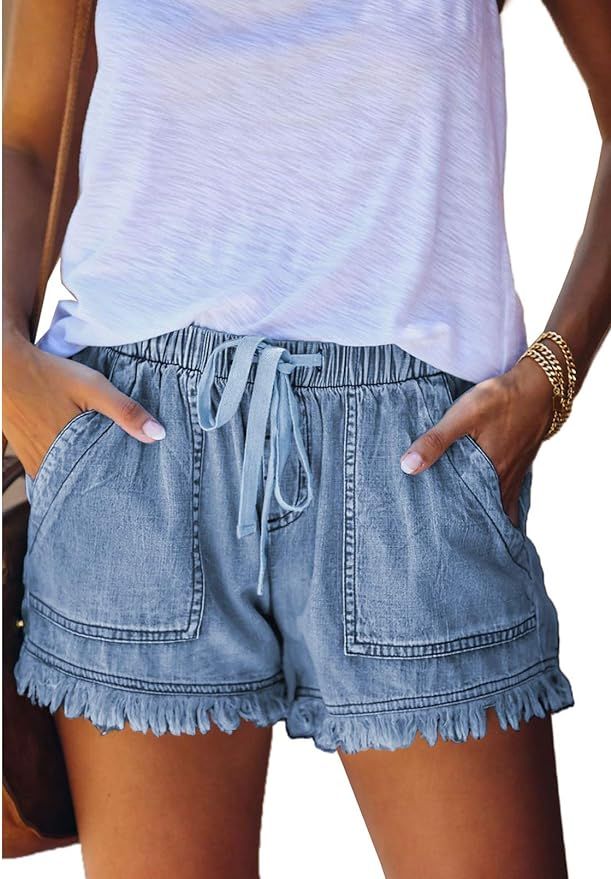 Dokotoo Womens Summer Drawstring Pocketed Frayed Tencel Jean Denim Shorts | Amazon (US)