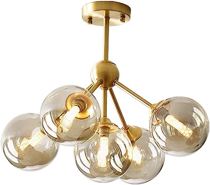 KCO Lighting 5-Light Amber Glass Globe Chandelier Brush Gold Semi Flush Mount Ceiling Light Mid-C... | Amazon (US)