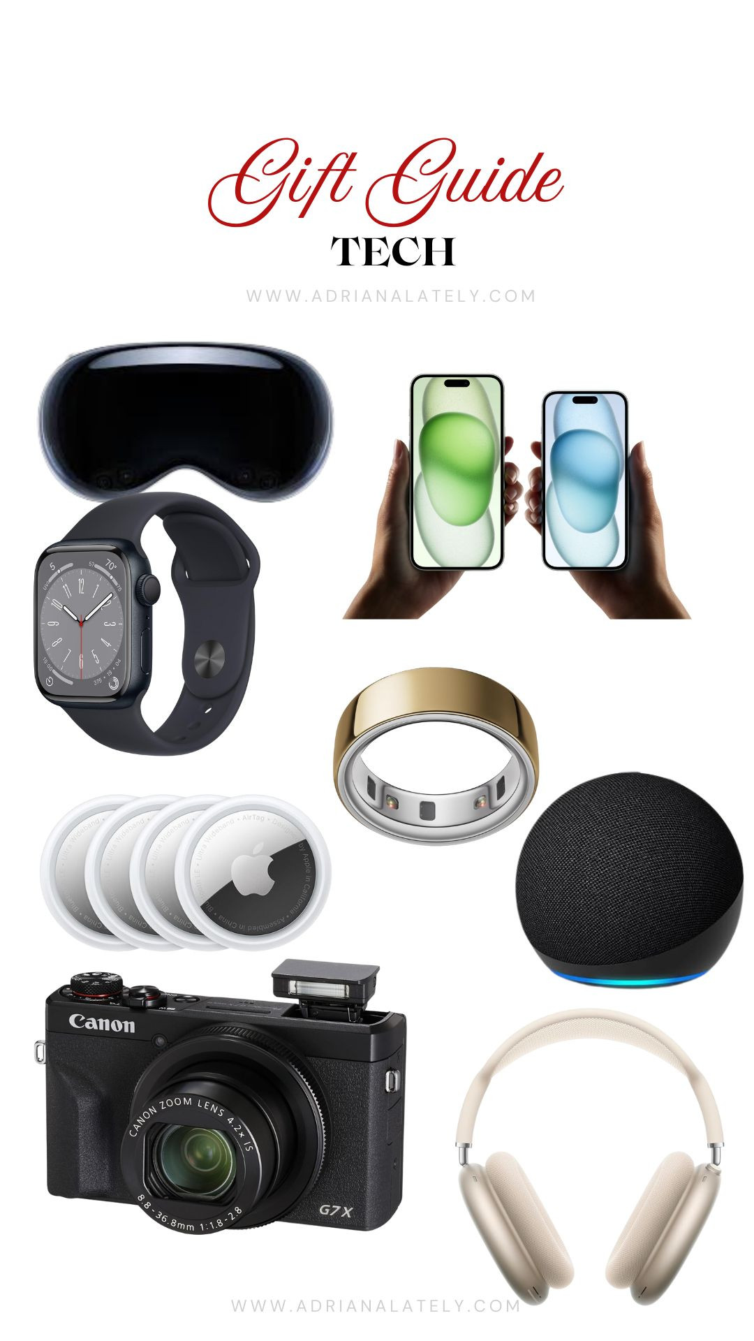 Apple Watch Series 9, Apple Watch Ultra, Smartwatch, Fitness Tracker, Wearable Tech, iPhone 15, iPhone 15 Pro, iPhone 15 Pro Max, iPhone 15 Plus, Smartphone, Apple, Oura Ring 4, Smart Ring, Fitness Tracker, Sleep Tracker, Health Tech, Amazon Echo, Smart Speaker, Home Assistant, Alexa, Voice Assistant, Canon G7X Mark IV, Camera, Compact Camera, Travel Camera, Photography, Sennheiser Momentum 4 Wireless, Headphones, Noise Canceling Headphones, Audiophile, Music, tech gifts, holiday gift guide, tech gift ideas, gift for him, gift for her, gadget gifts. 

 #LTKCyberWeek #LTKGiftGuide #LTKHoliday