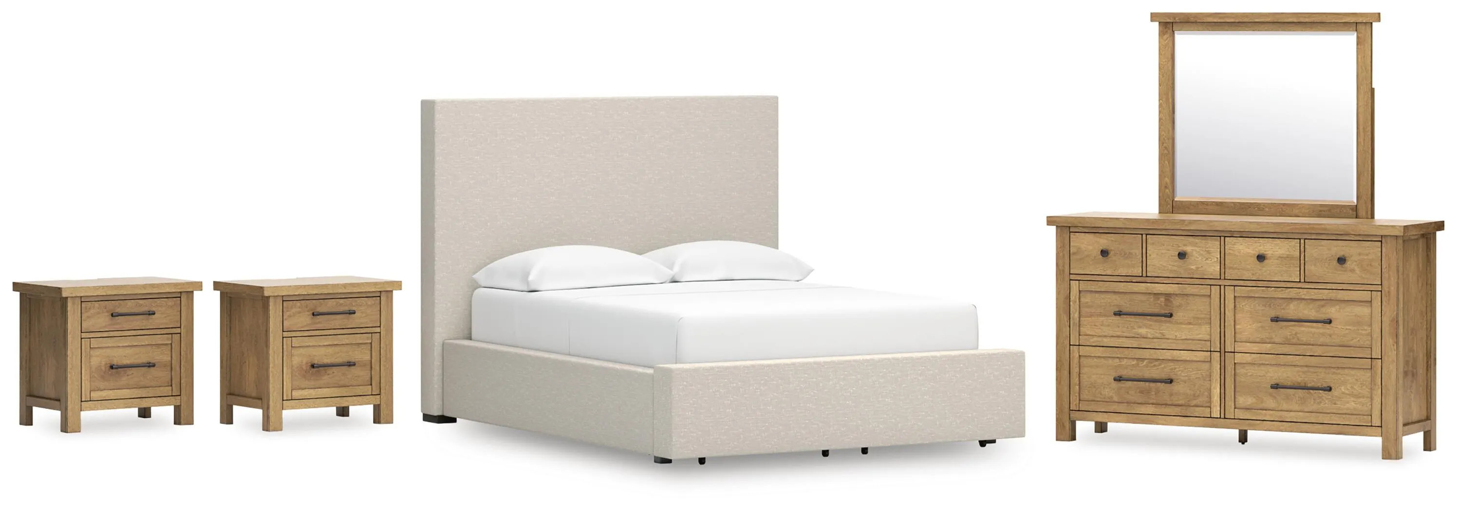 Kristiland Queen Upholstered Storage Bed with Mirrored Dresser and 2 Nightstand, Light Brown | Ashley