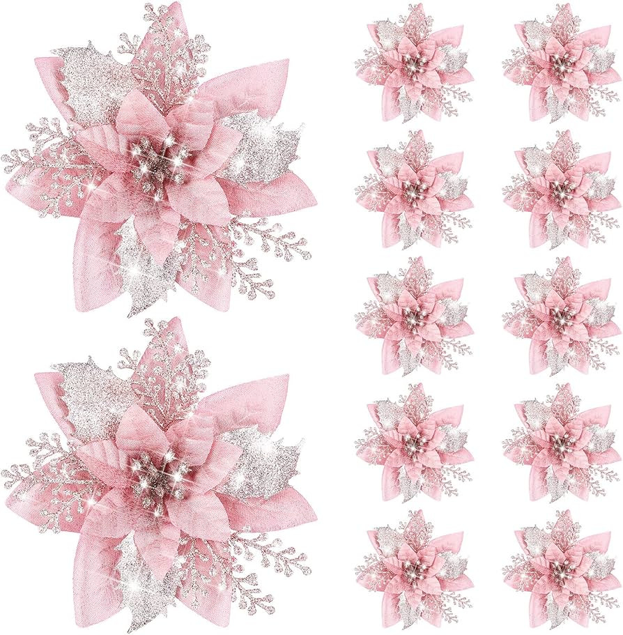 Canlierr Inch Artificial Poinsettias Christmas Glitter Flowers with Clips Xmas Tree Flower Orname... | Amazon (US)
