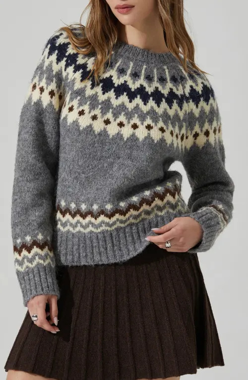 ASTR the Label Feyre Fair Isle Crewneck Sweater in Grey at Nordstrom, Size X-Small | Nordstrom