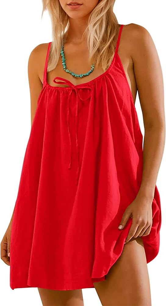 Women Casual Spaghetti Strap Mini Cotton Linen Dress Sleeveless Scoop Neck Mini Sundress Sexy Tie... | Amazon (US)