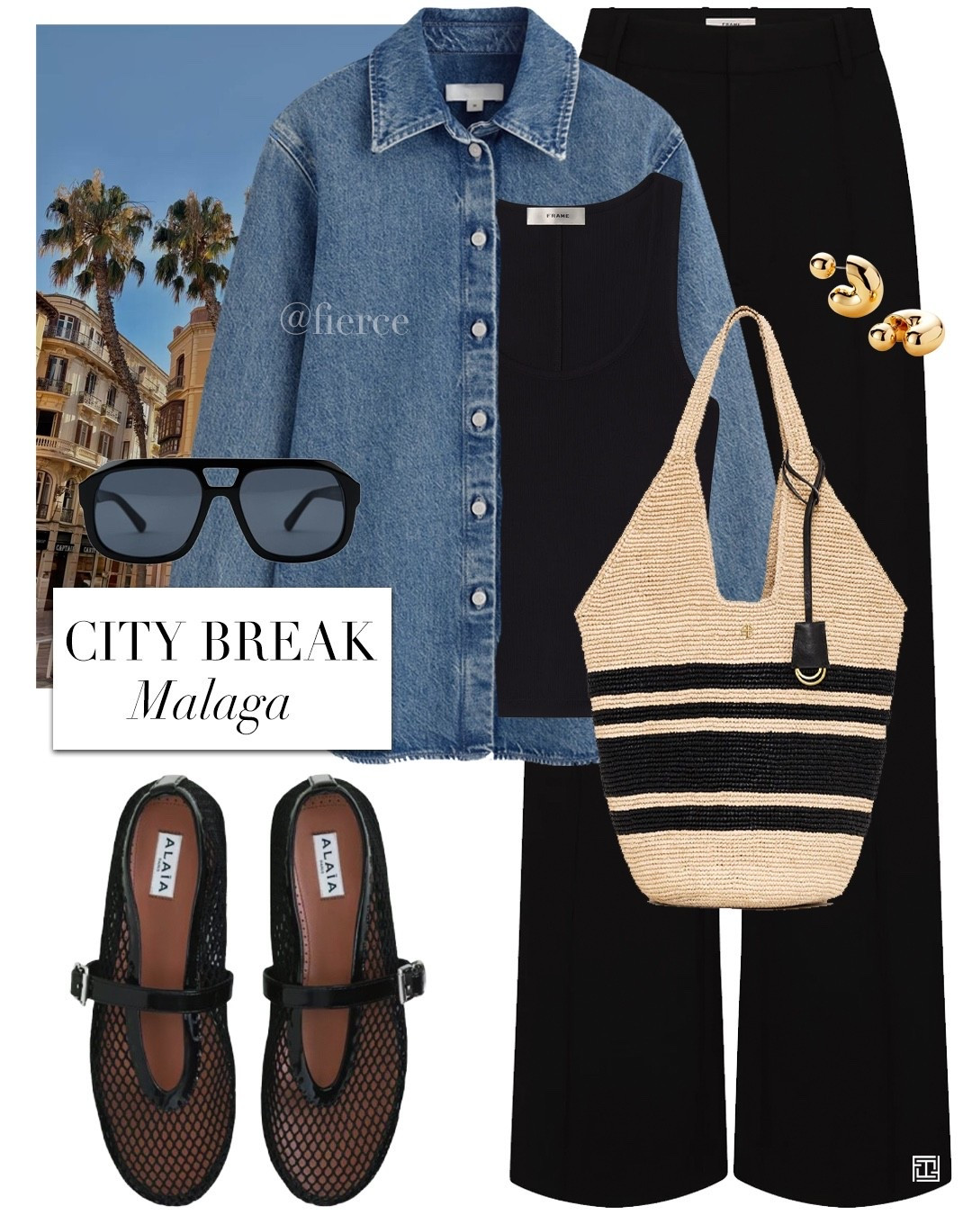 Black trousers denim shirt fishnet ballet flats oversized sunglasses raffia tote bag city break spring outfit 

#LTKtravel #LTKuk #LTKspring