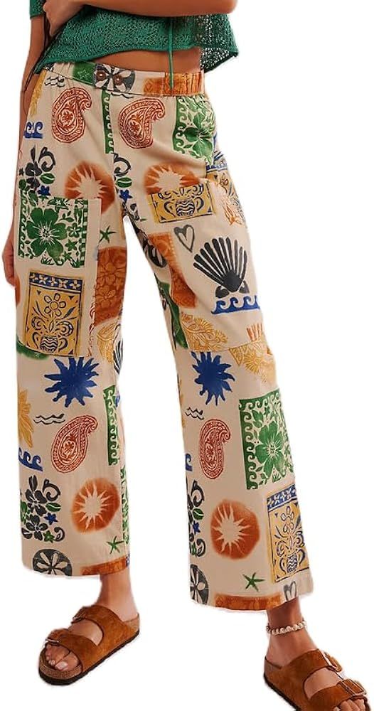 Women Graphic Print Cargo Pants Y2k Floral High Waist Wide Leg Trousers 2024 Causal Loose Pocket ... | Amazon (US)