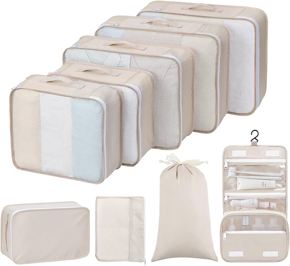 9 Pack Nylon Laundry Bag, Zipper Closure, Beige Color, 9 Packing Cubes, Shoe Bag, Toiletry Bag, F... | Amazon (US)