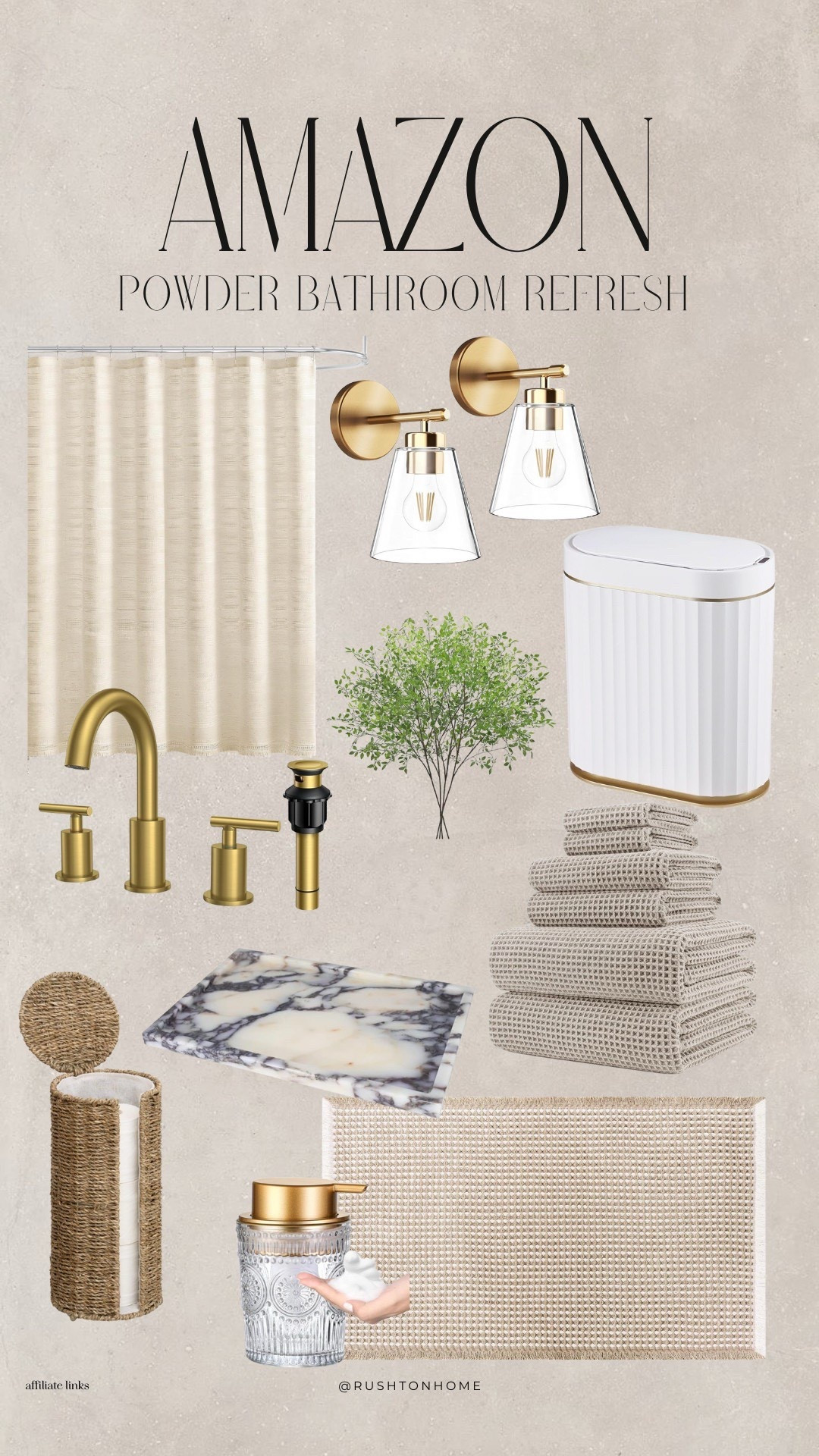 Amazon powder bathroom decor, amazon bathroom refresh, powder room ideas, brushed brass bathroom fixtures, bathroom wall sconces, neutral shower curtain, marble bathroom tray, bathroom accessories amazon, neutral bath towels, soap dispenser bathroom decor, modern powder room refresh, small bathroom decor ideas 

 

#LTKmomlife #LTKvlog #LTKHome