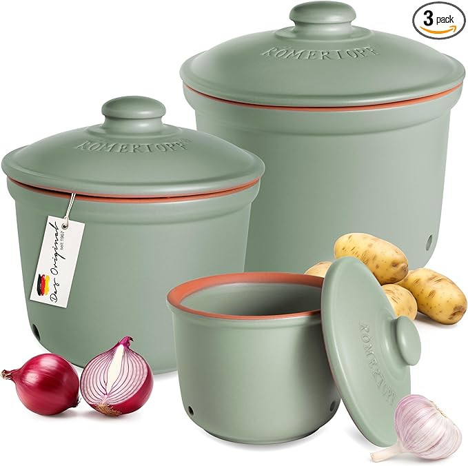 Romertopf Freshness Storage Potato Onion Garlic Clay Pot Set of 3 with Lids - Green | Amazon (US)