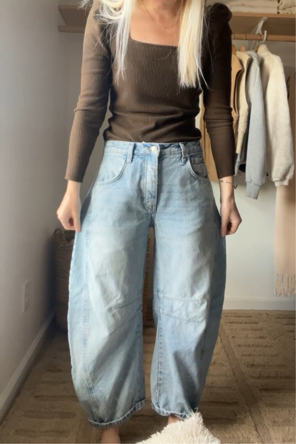 Free People barrel jeans — I’m wearing size 25! They have several colors 😍