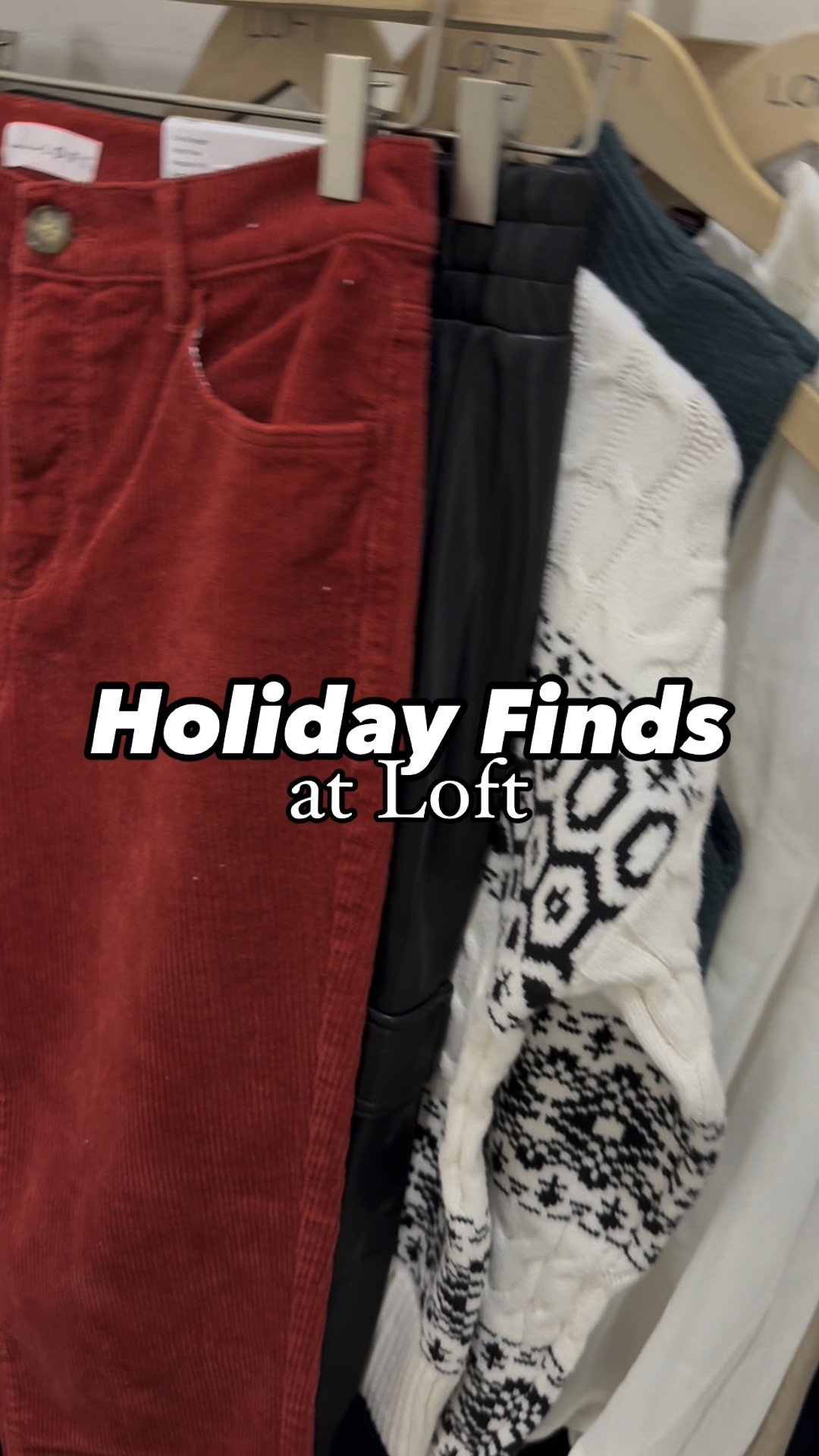 Holiday finds at Loft! 🎄 I found festive tops and sweaters for the holiday season / Christmas get togethers plus some fun red corduroy pants and faux leather joggers!

Size and fit: (I’m 5’5” and wear a size 4/27 for reference)
• Chiffon blouse: fits TTS, I’m in a size S. So flowy and beautiful! Looks great to dress up jeans or to pair with trousers!
• Sleeveless sweater: also comes in burgundy. Fits TTS, I’m in a S. 
• Foil long sleeved shirt: fits TTS, I’m in a S. I love the shimmer and shine! Great way to dress up with jeans, faux leather, or trousers! 
• Red corduroy straight leg pants: LOVE! So many colors to choose from! I am in my normal 4/27.
• Very Merry sweater: fits TTS, I’m in a S. Almost sold out already so linking up an Etsy sweatshirt you could get to pair with it!
• Faux leather cargo joggers: fit TTS, I’m in a S. Nice, thick lux faux leather!
• Fair Isle Cable knit sweater: Runs oversized, I’m in an XS. Warm and cozy!

My jeans in this reel are Good American Skate jeans. This specific wash is sold out, but the style is available. I’ll link them. I went up a size to a 6. They’re super long so I love them with heels!


#LTKStyleTip #LTKSaleAlert #LTKHoliday