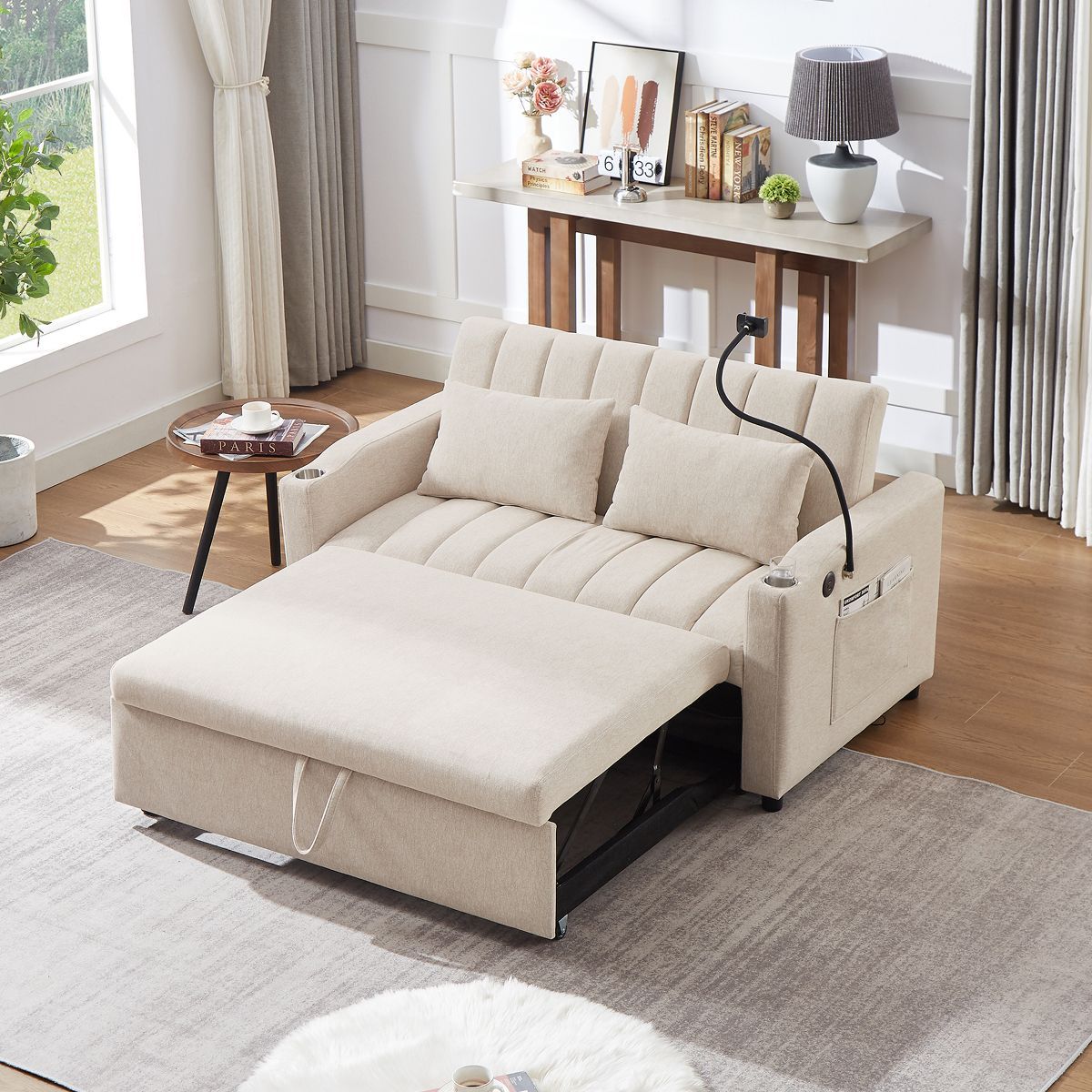 55.9" Convertible Sofa Bed, Loveseat Sofa with Three USB Ports, Two Side Pockets, Two Cup Holders... | Target