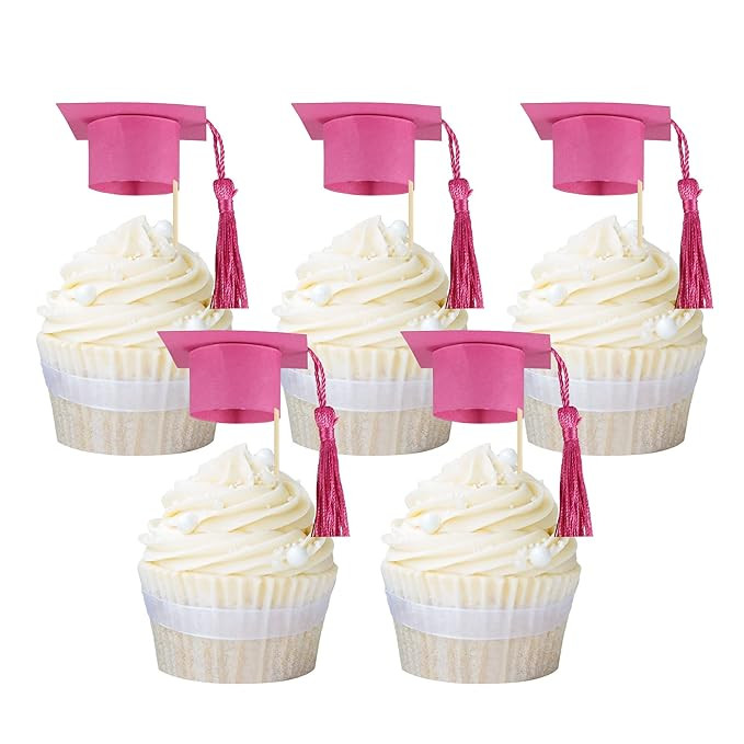Gyufise 24pc 2024 Graduation Cap Cupcake Toppers with Pink Tassel DIY Congrats Grad Cupcake Picks... | Amazon (US)
