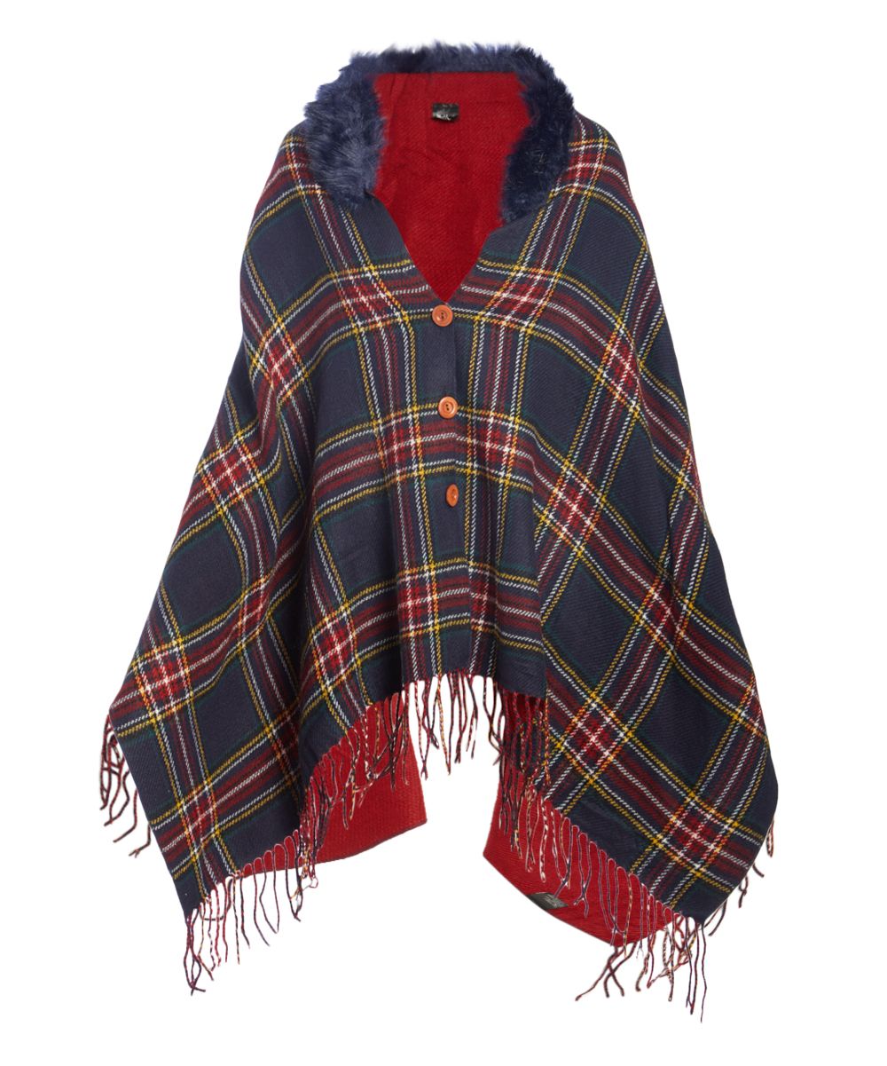 LVS Collections Women's Outerwear Capes NAVY - Navy & Red Plaid Fringe-Trim Faux-Fur Cape - Women | Zulily