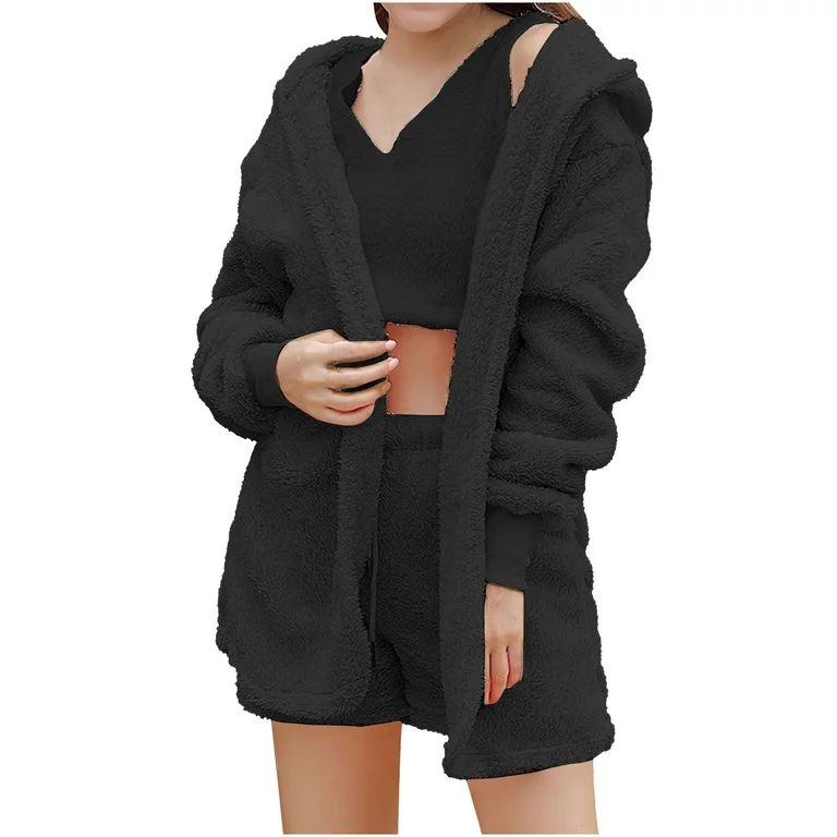 BLVB Women's Fuzzy 3 Piece Sets Pajamas Outfits Soft Hooded Cardigan Jacket Coat And Crop Top Sho... | Walmart (US)