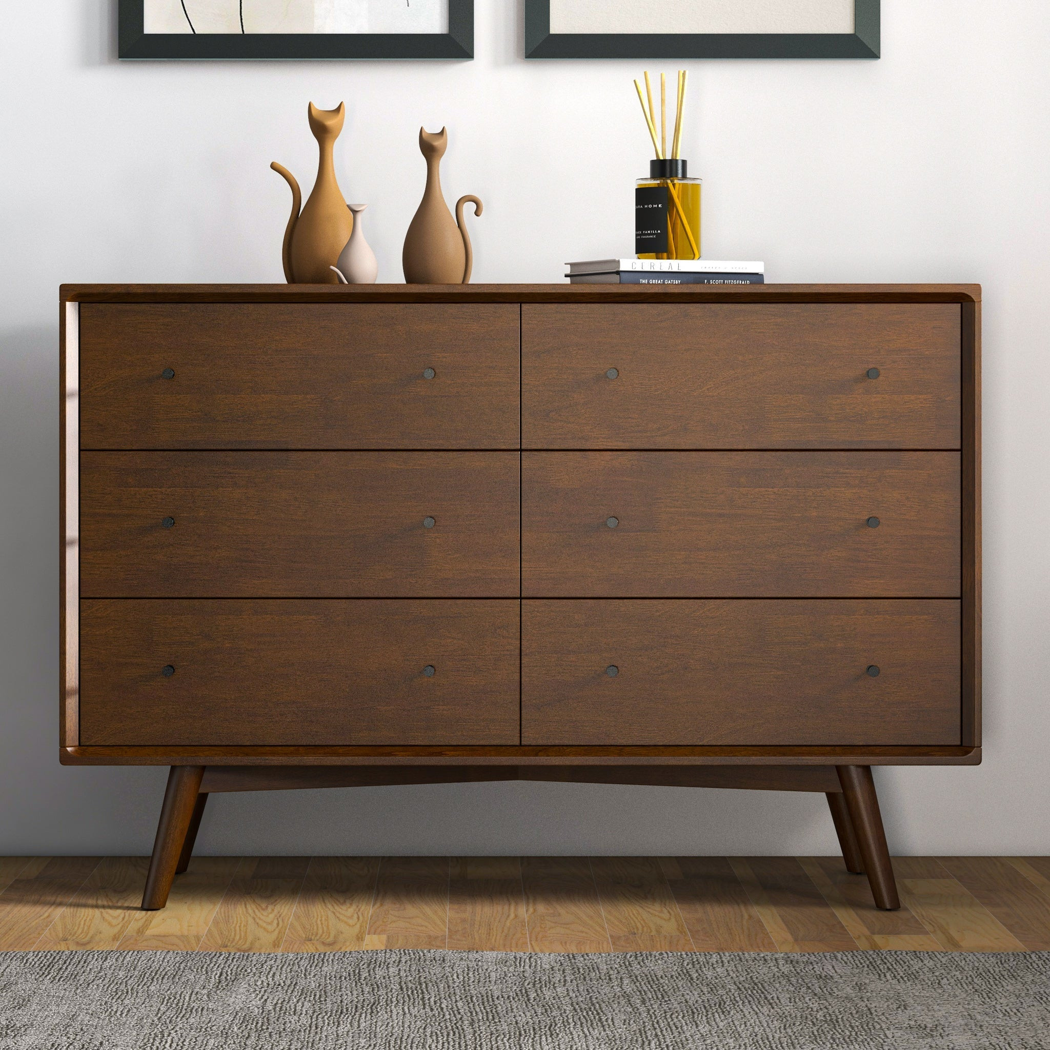 GDFStudio Caroline Mid-Century Modern 47 in. Solid Wood 6-Drawer Dresser with Tapered Legs - Brown one_size | 344850 | Lowe's