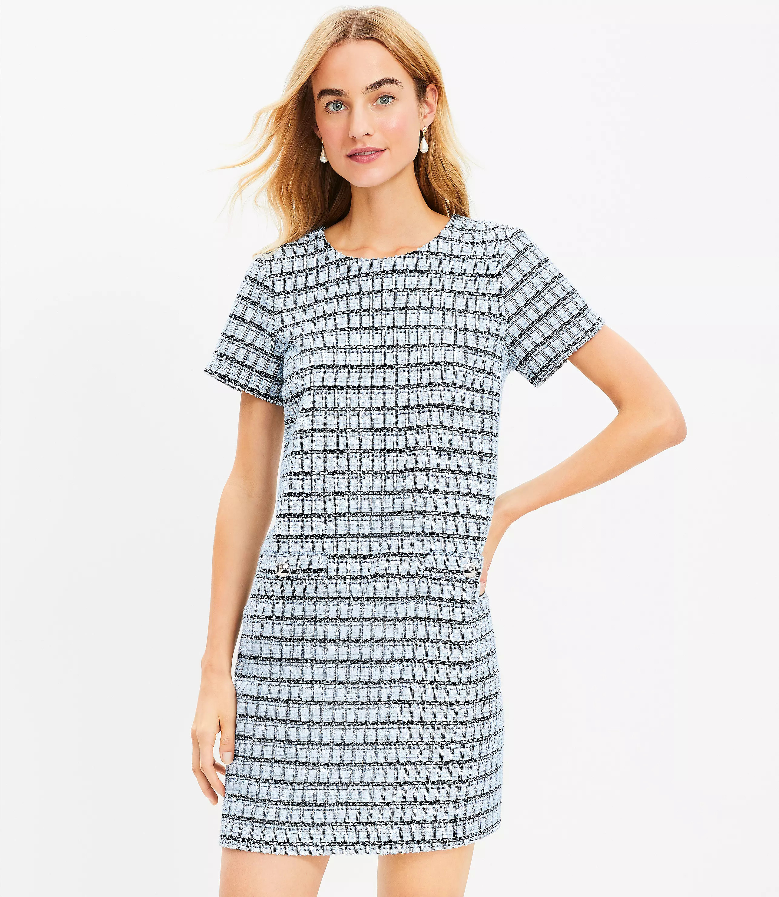 Tweed Button Trim Shift Dress | LOFT
