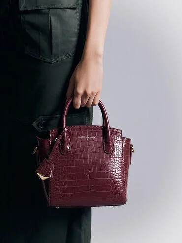 Croc-Effect Trapeze Structured Tote Bag
 - Burgundy | Charles & Keith UK