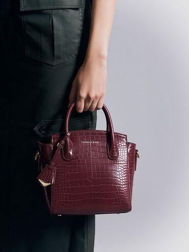 Croc-Effect Trapeze Structured Tote Bag
 - Burgundy | Charles & Keith UK