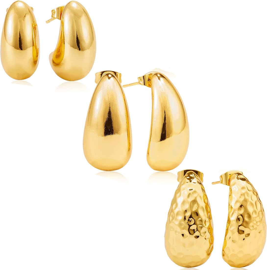 Kenivira 3 Pcs Chunky Gold Hoop Earrings for Women, Lightweight Gold Dangle Waterdrop Open Hoops ... | Amazon (US)