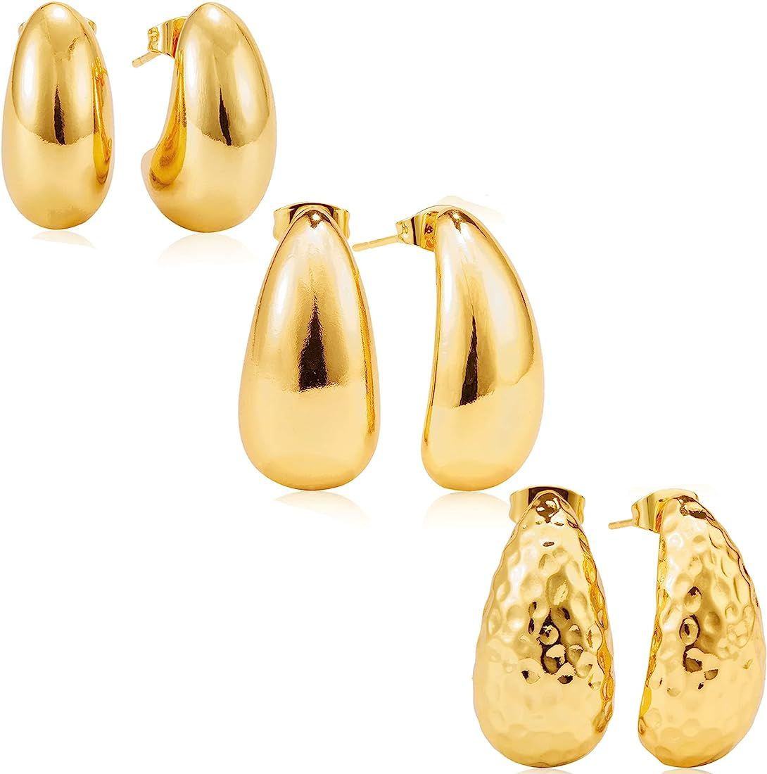 Kenivira 3 Pcs Chunky Gold Hoop Earrings for Women, Lightweight Gold Dangle Waterdrop Open Hoops ... | Amazon (US)