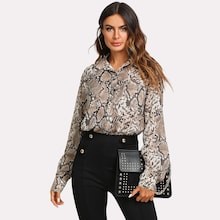 Pocket Patch Curved Hem Snake Skin Print Shirt | SHEIN