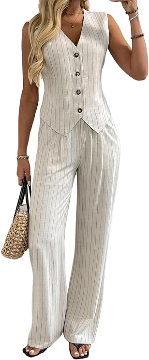 Women's 2 Piece Outfits Linen Vest Waistcoat Dressy Casual Sets Wide Leg Pants Suits | Amazon (US)