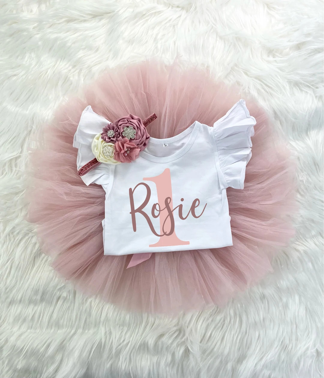 Personalized 1st Birthday Girl Blush Pink and Mauve Tutu Outfit, Vintage Rose Bodysuit, Cake Smas... | Etsy (CAD)