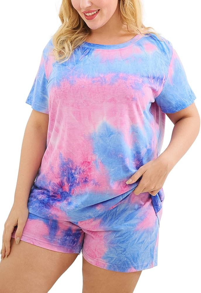 Celkuser Women's Plus Size Short Sleeve Pajama Sets Tie Dye Loungewear Sleepwear 2 Piece Pjs CEL1... | Amazon (US)