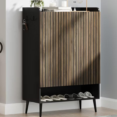 Shoe Cabinet，Large Shoe Cabinet with 2 Doors,Adjustable Shelves, Shoe Organizer with Doors for Hallway, Entryway, Living Room,Black+Nut-Brown | Target