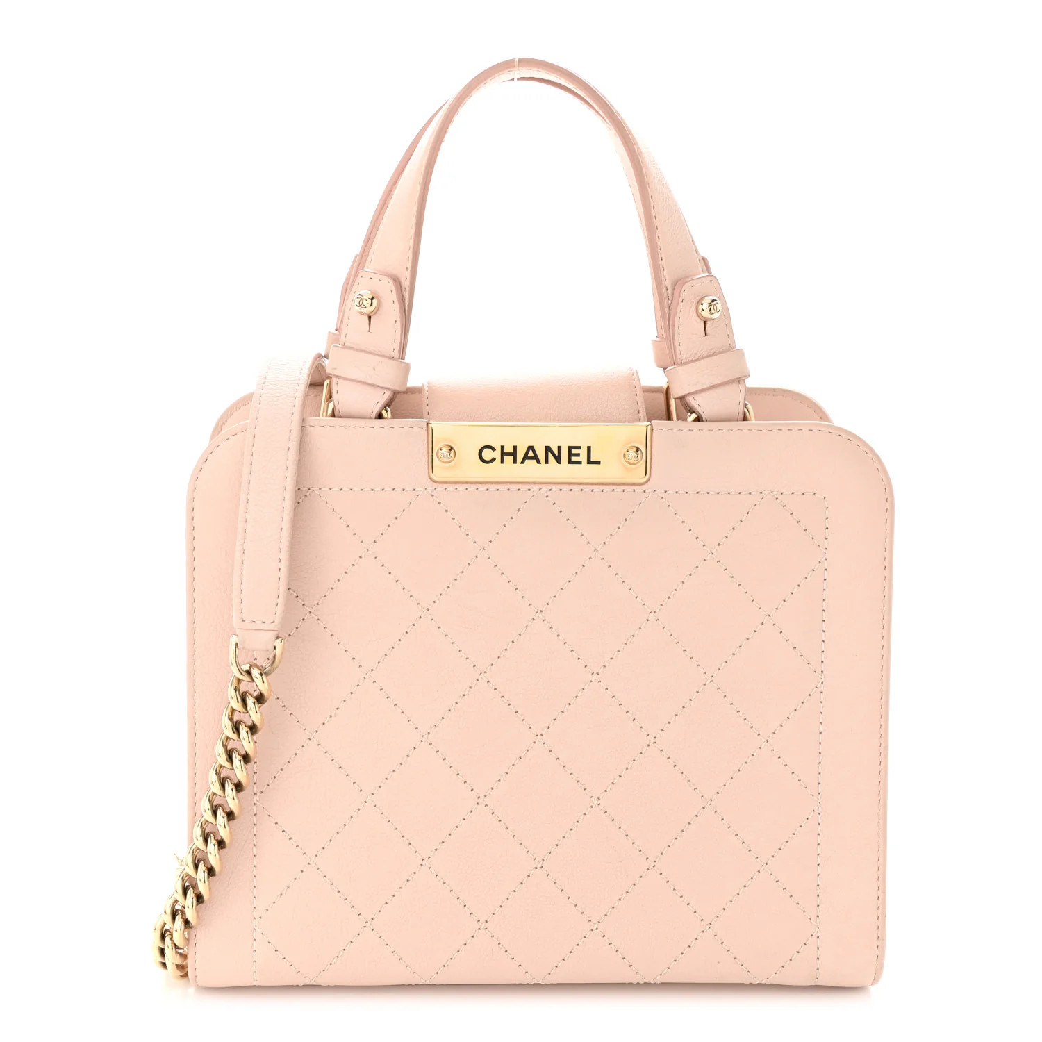 Grained Calfskin Stitched Small Label Click Shopper Tote Light Beige | FASHIONPHILE (US)