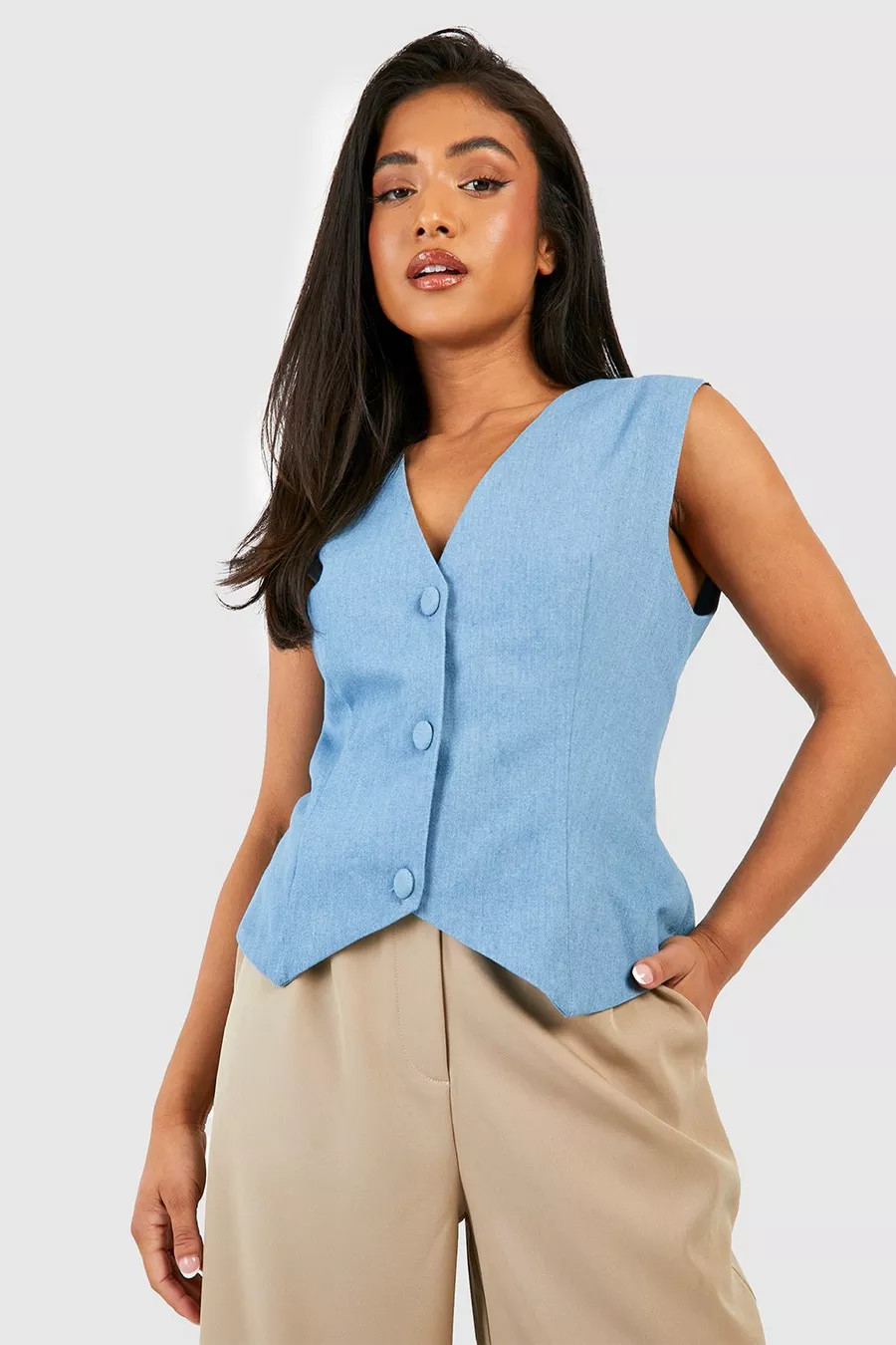 Petite Light Wash Denim Waistcoat | Boohoo.com (UK & IE)