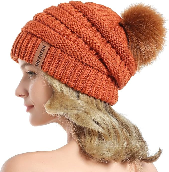 QUEENFUR Women Knit Slouchy Beanie Chunky Baggy Hat with Faux Fur Pompom Winter Soft Warm Ski Cap | Amazon (US)